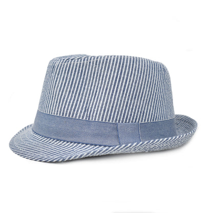 UPF 50+ Fedora Club Hat - Chambray Stripe Seersucker, white and blue stripes with chambray band