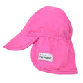 A bright pink swim hat with a built-in neck flap featuring a small white 'tap Happy' brand label on the side, shown against a plain white background.
