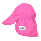 A bright pink swim hat with a built-in neck flap featuring a small white 'tap Happy' brand label on the side, shown against a plain white background.