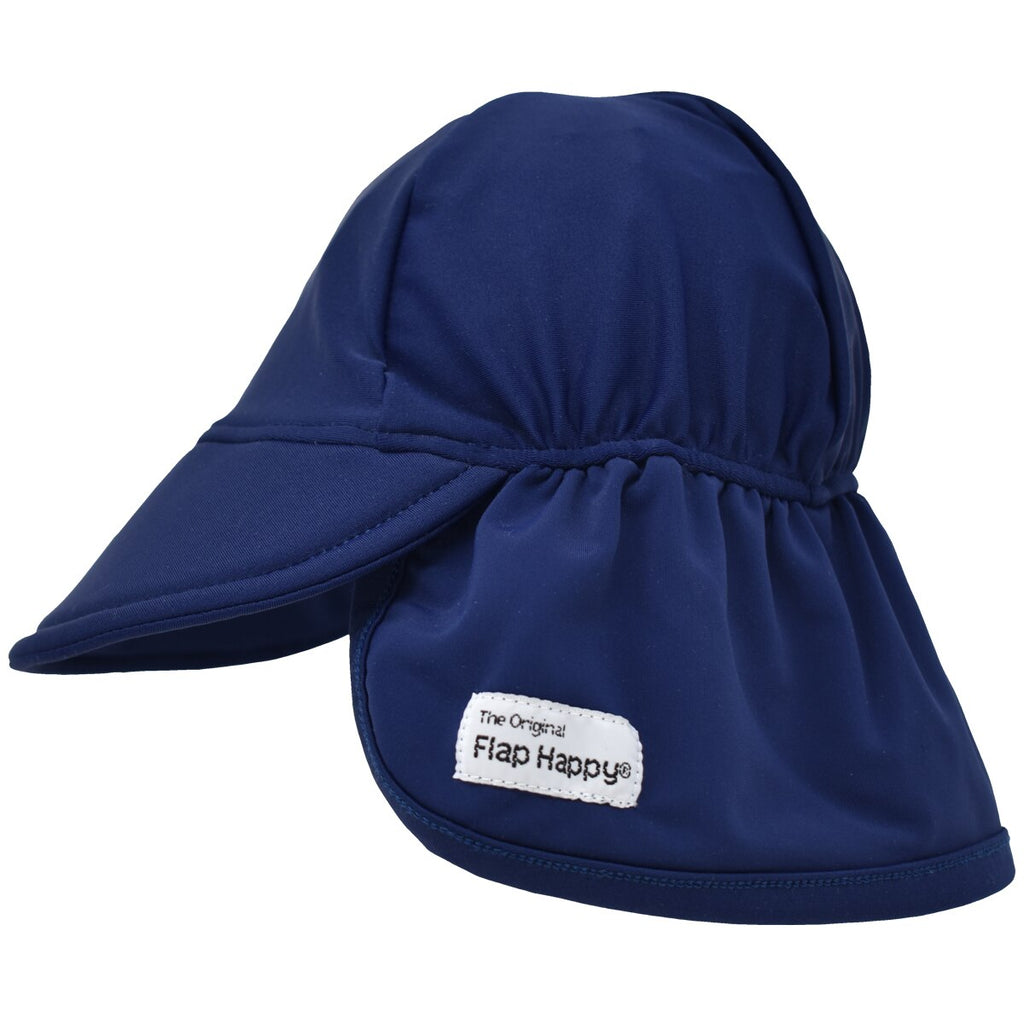 A navy swim hat with a built-in neck flap featuring a small white 'tap Happy' brand label on the side, shown against a plain white background.