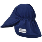 A navy swim hat with a built-in neck flap featuring a small white 'tap Happy' brand label on the side, shown against a plain white background.