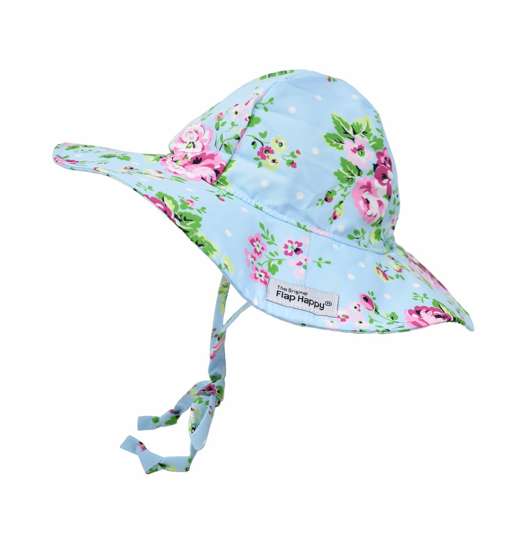 UPF 50+ Floppy Hat - Blue Country Floral, blue floppy sunhat with pink flowers and green leaves