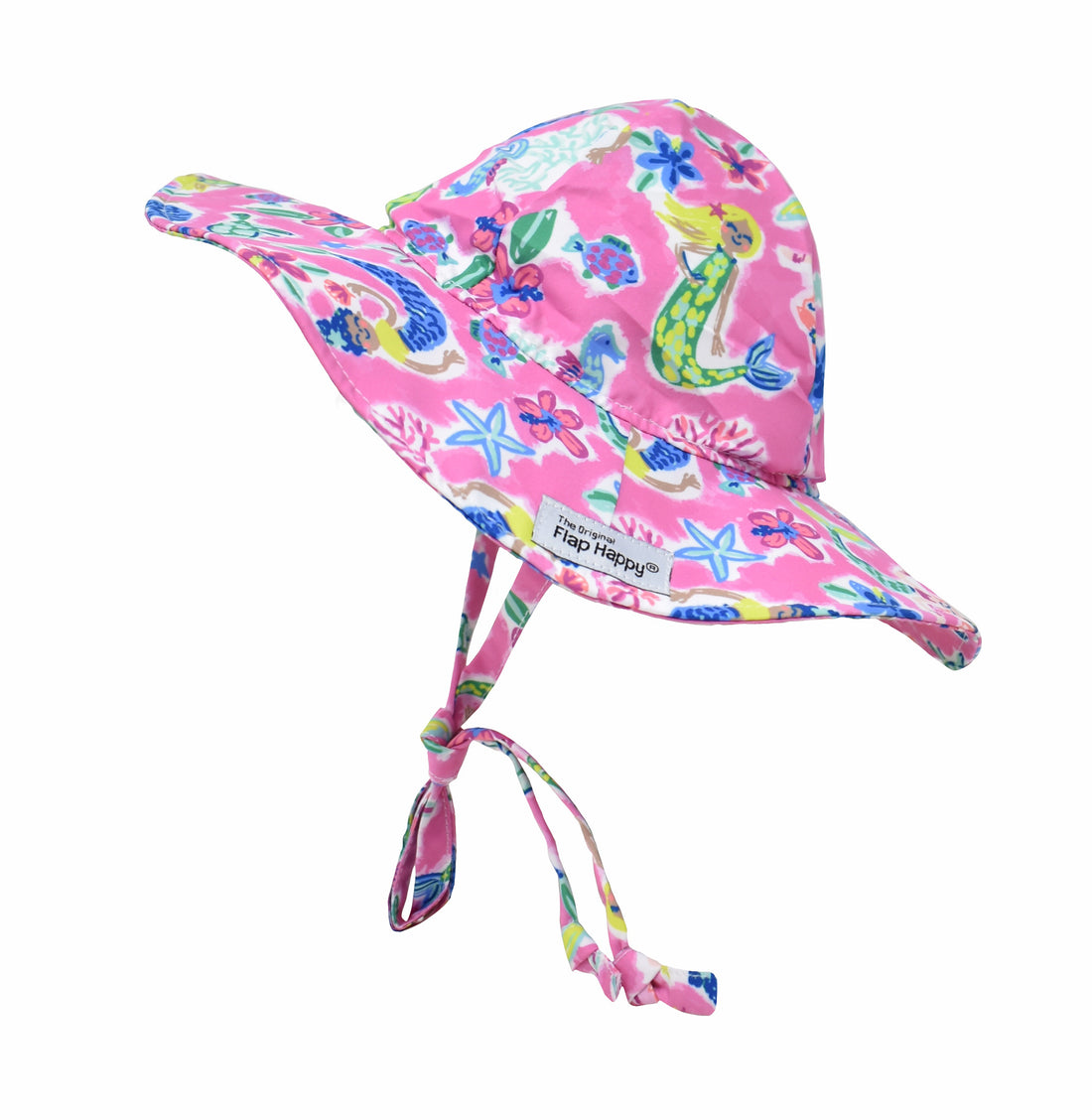 UPF 50+ Floppy Hat - Mystic Mermaid, pink floppy sunhat with multicolored mermaids, sea animals, and flowers