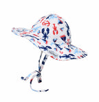 UPF 50+ Floppy Hat - Sunday Sails, white floppy sunhat with red and blue lobsters, sailboats, and anchors