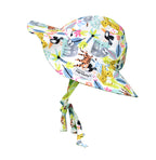 UPF 50+ Floppy Hat – Wild Jungle, white floppy sunhat with cartoon orange tigers, yellow cheetahs, grey sloths, black toucans, and multicolored leaves
