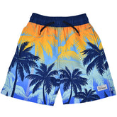 UPF 50+ Wesley Swim Trunks with Mesh Liner (50% Recycled) -  Sunset Palms, gradient orange to navy palm tree print