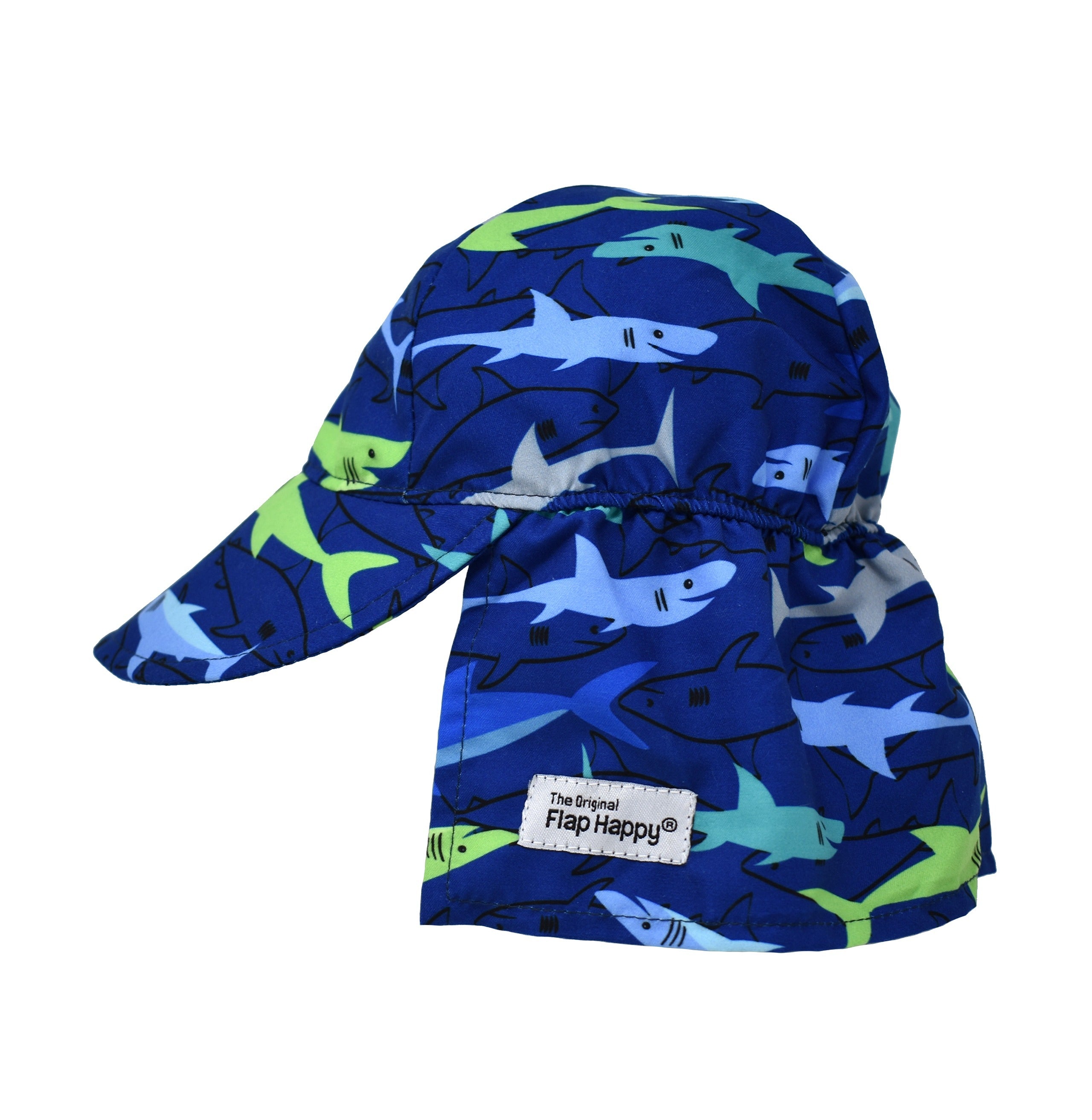 UPF 50 Original Flap Hat blue with cartoon shark print