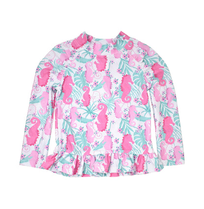 UPF 50+ Ruffle Rash Guard - Magic Seahorse, white with pink seahorse