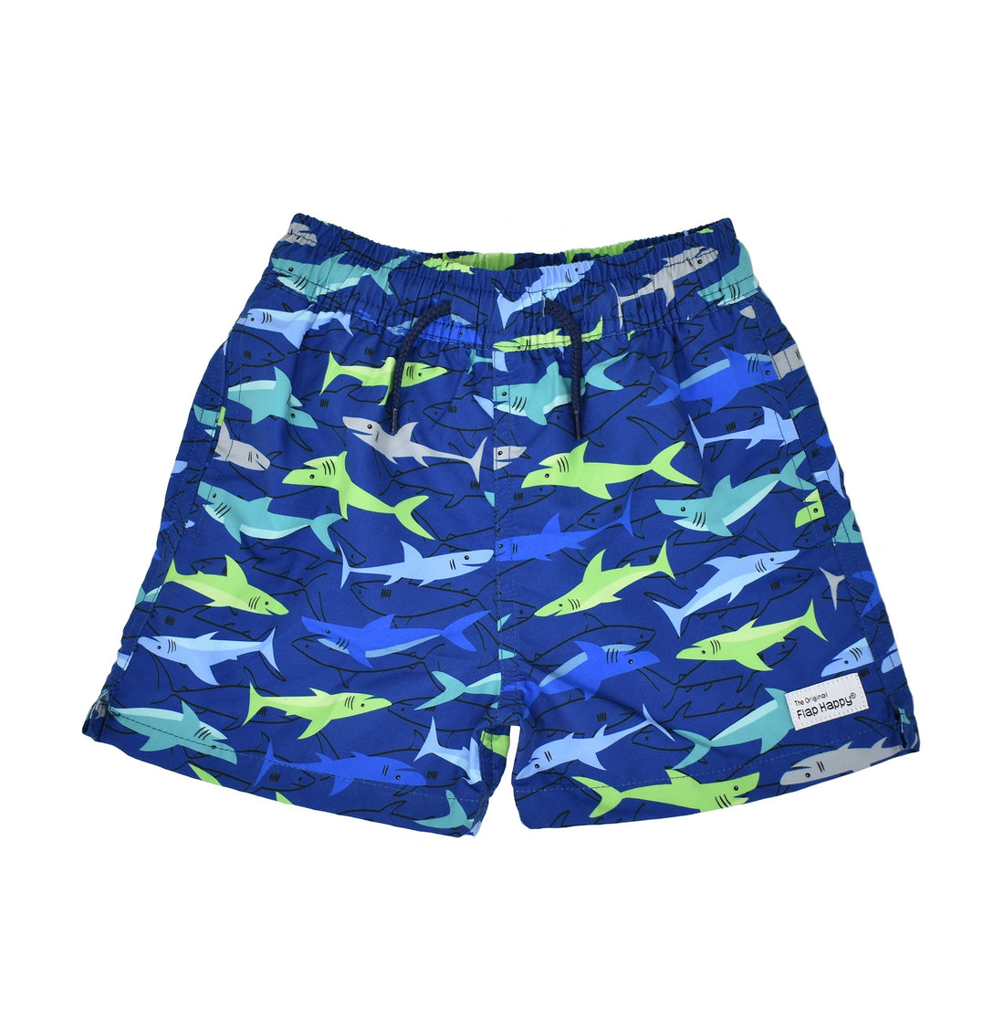 UPF 50 Wesley Swim Trunks, Sharky, blue shorts with multicolored sharks