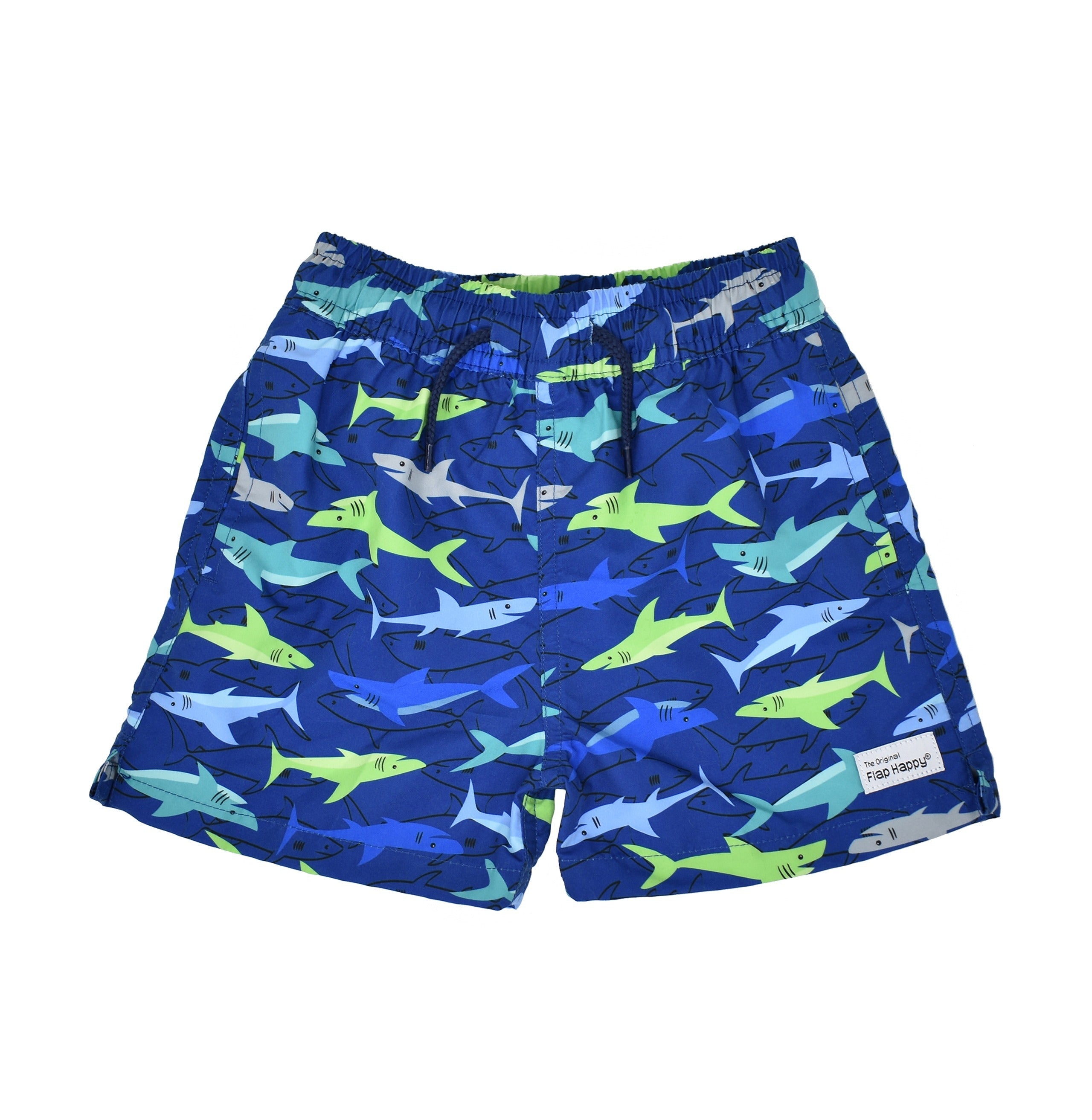 UPF 50 Wesley Swim Trunks, Sharky, blue shorts with multicolored sharks