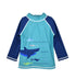 UPF 50+Graphic Rash Guard Swim Top - Sharky, navy sleeves with seafoam blue body and multi colored sharks 