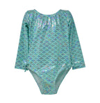 UPF 50+ Charlie L/S Rash Guard Swimsuit - Fairy Tale Scales, teal rash guard with sparkly. holographic. glitter mermaid scales