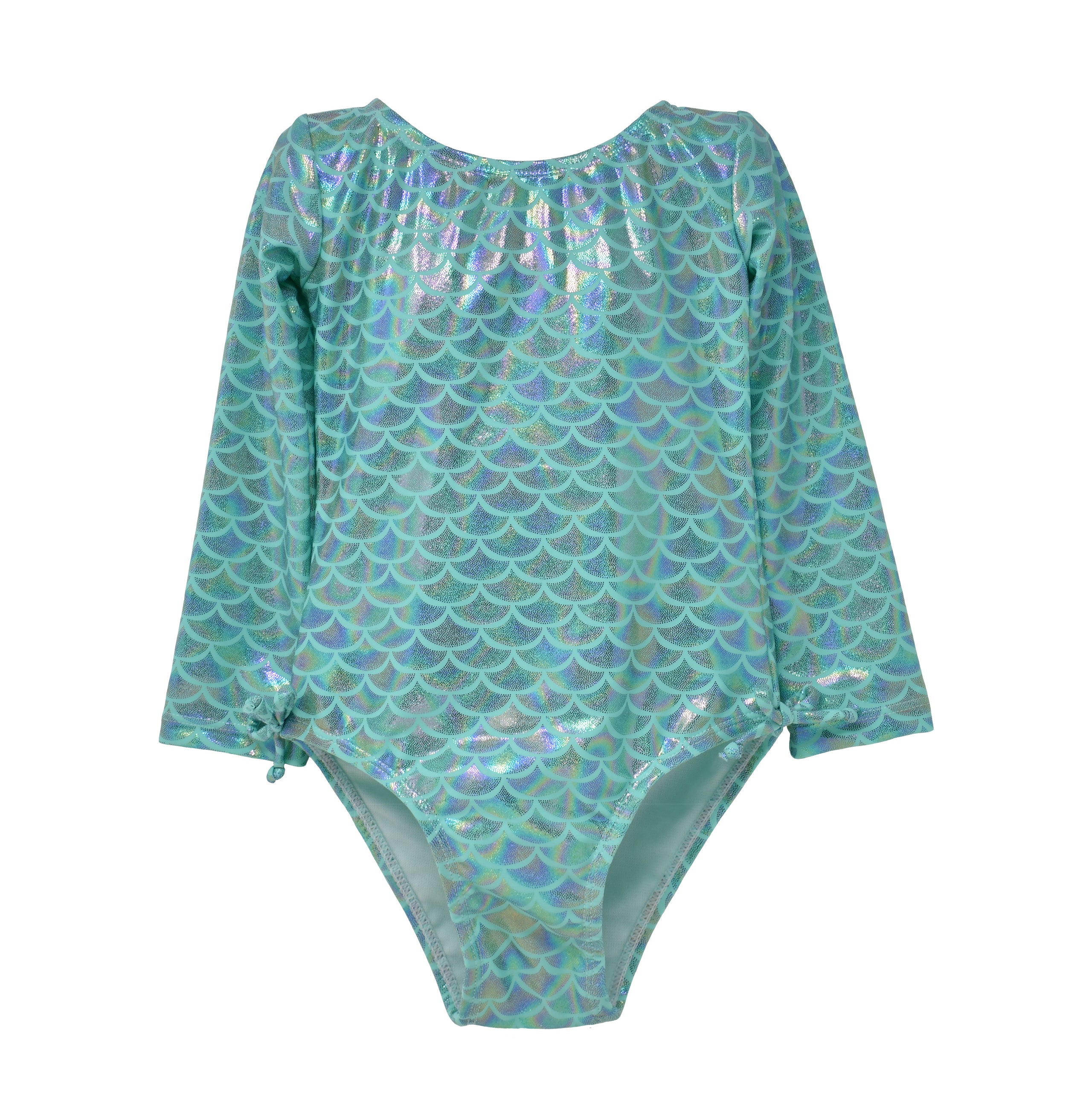 UPF 50+ Charlie L/S Rash Guard Swimsuit - Fairy Tale Scales, teal rash guard with sparkly. holographic. glitter mermaid scales