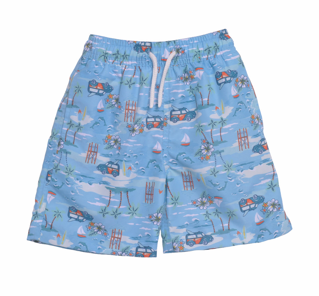 UPF 50+ Wesley Swim Trunks with Mesh Liner (50% Recycled) - Kona Bay, light blue with car, surfboards, and palm tree print