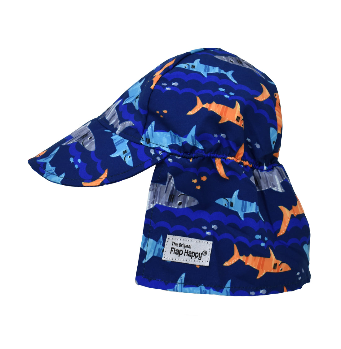 UPF 50+ Original Flap Hat - Artsy Sharks, navy hat with orange, blue, and grey cartoon sharks