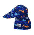 UPF 50+ Original Flap Hat - Artsy Sharks, navy hat with orange, blue, and grey cartoon sharks