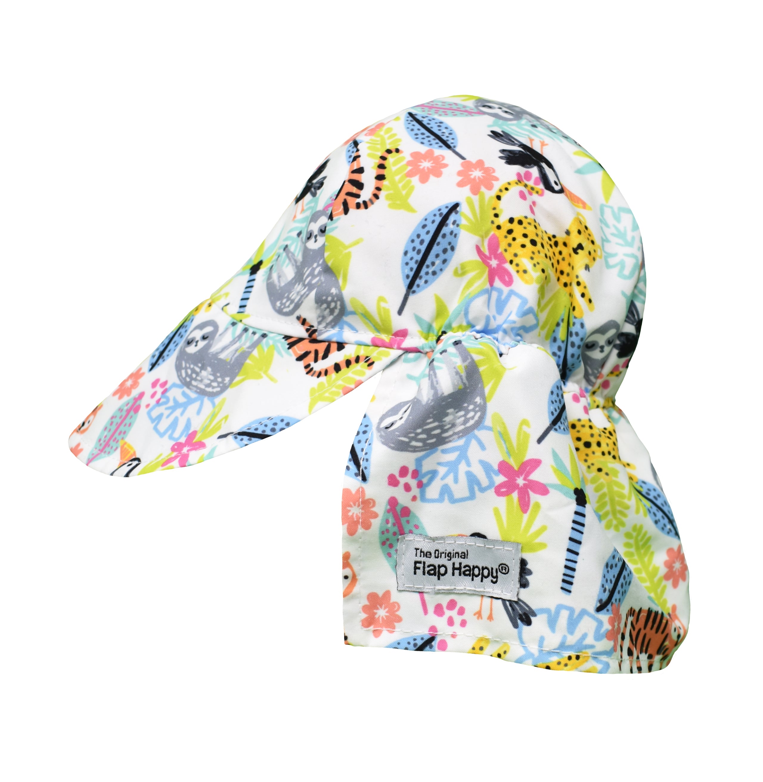 UPF 50+ Original Flap Hat – Wild Jungle, white sunhat with cartoon orange tigers, yellow cheetahs, grey sloths, black toucans, and multicolored leaves