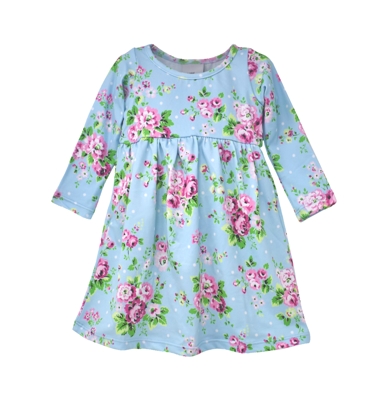 Pink flowers, long sleeve dress with a pastel blue background