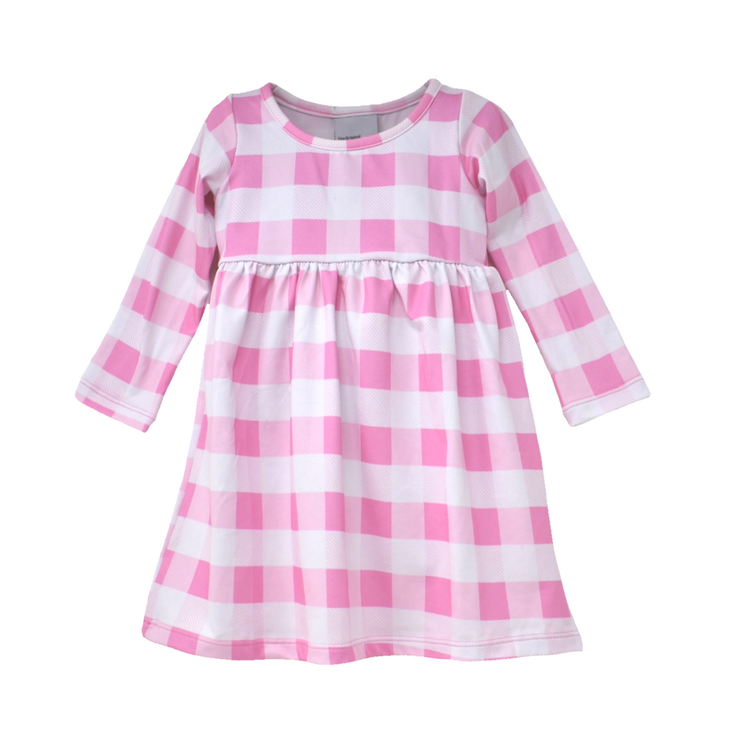 Pink and white gingham long sleeve dress