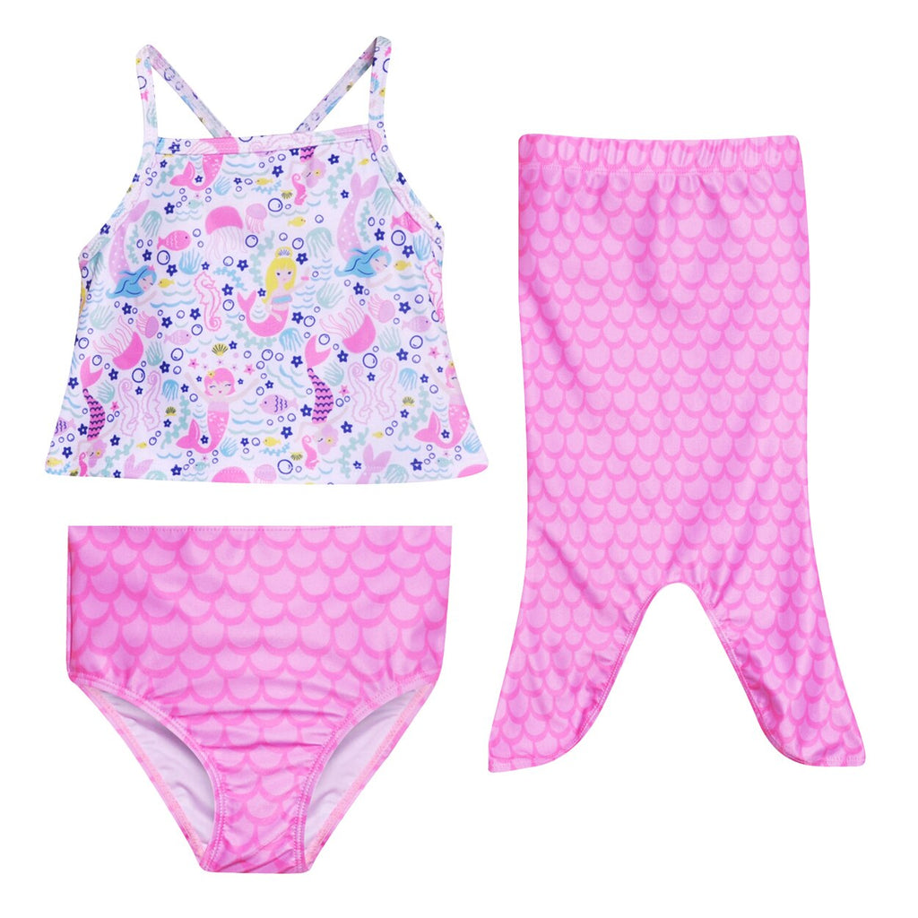 Girls' UPF 50+ Mermaid Swimsuit Set (3-Piece) - Toddler/Kids Swimwear From Recycled Material With Detachable Tail