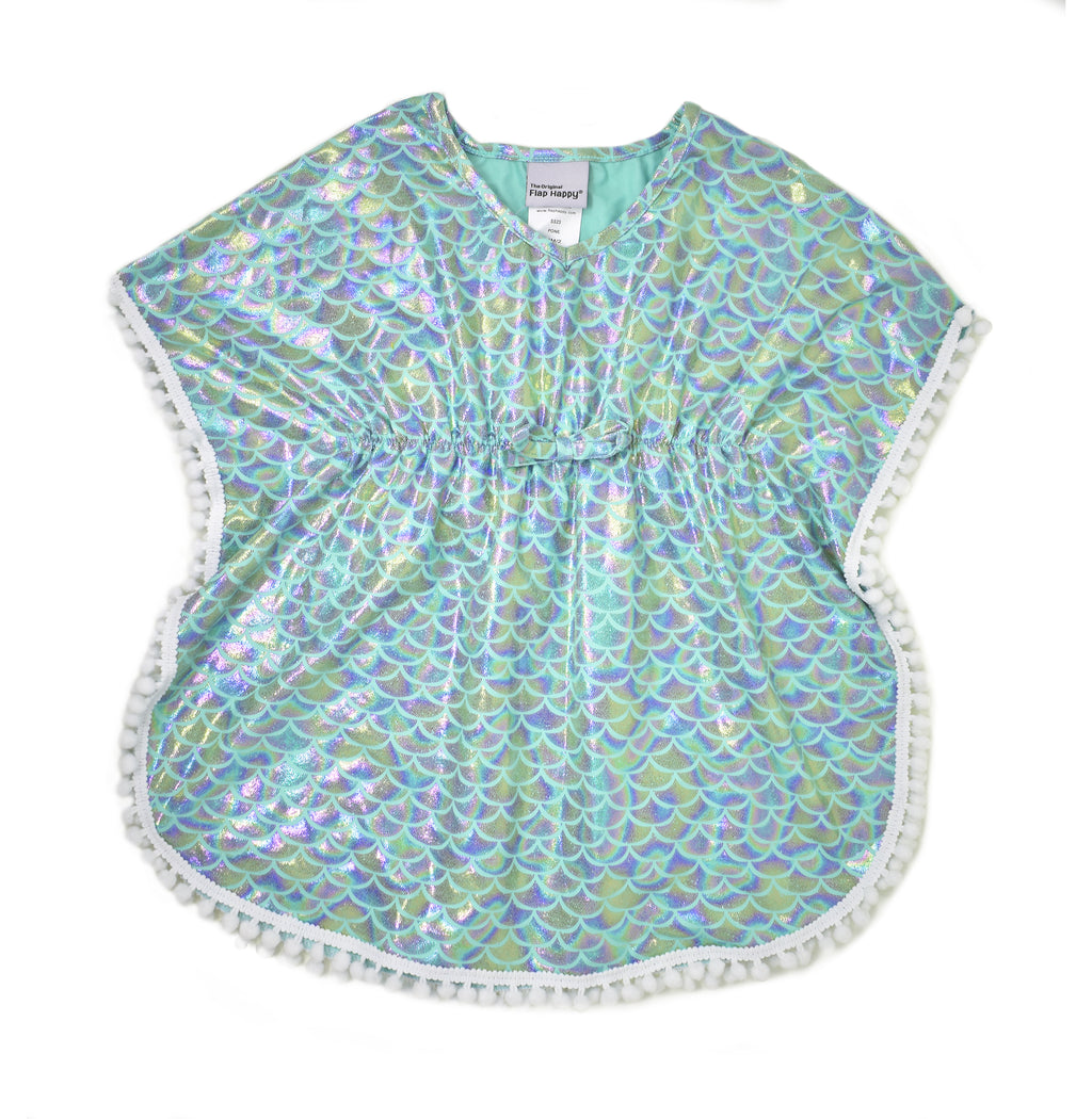 UPF 50+ Kaia Beach Swim Cover Up - Fairy Tale Scales, teal poncho with sparkly, holographic, glitter mermaid scales and white pom-pom trim