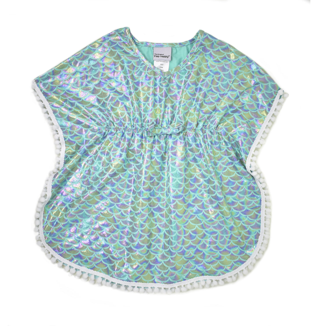 UPF 50+ Kaia Beach Swim Cover Up - Fairy Tale Scales, teal poncho with sparkly, holographic, glitter mermaid scales and white pom-pom trim