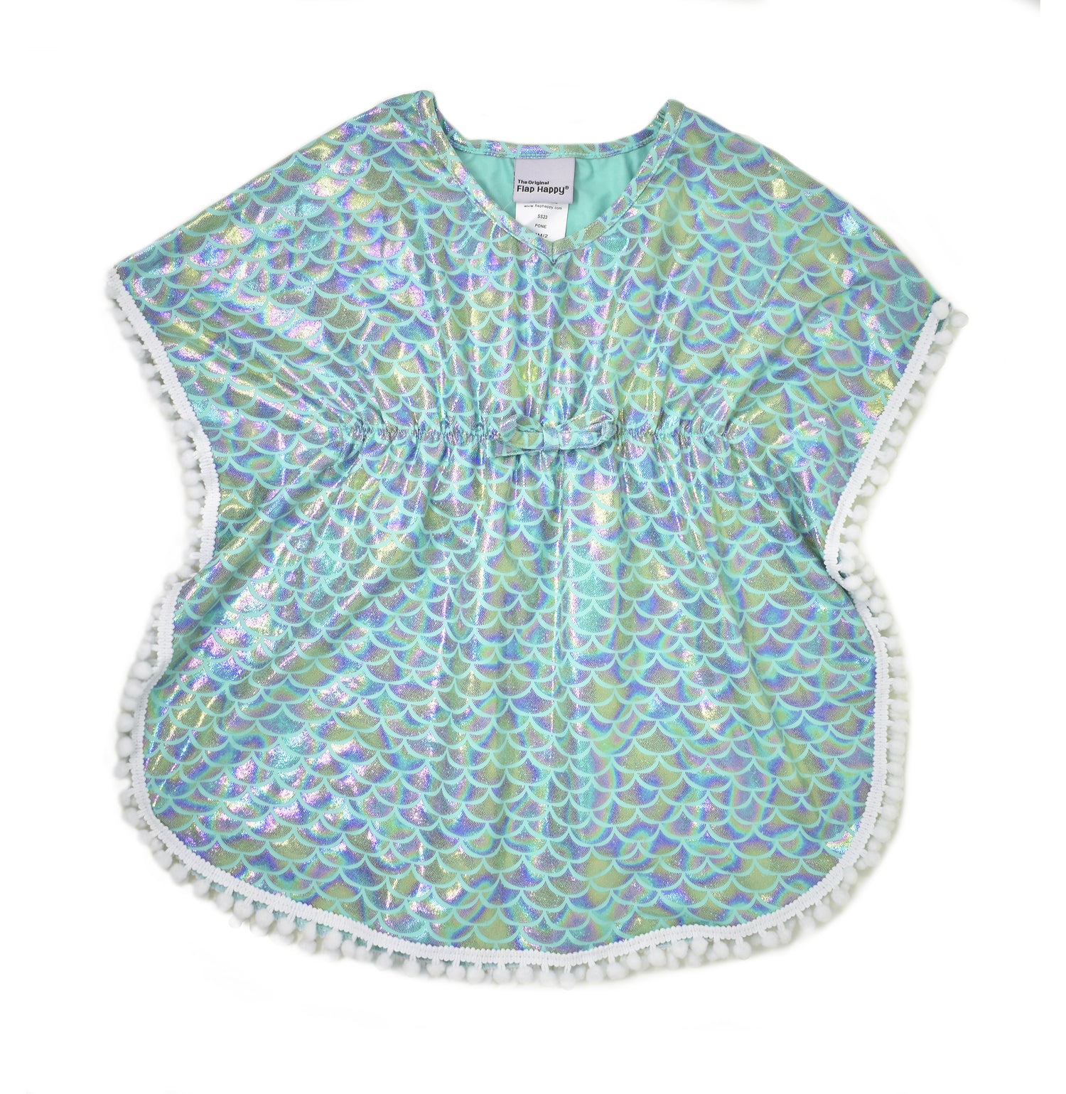 UPF 50+ Kaia Beach Swim Cover Up - Fairy Tale Scales, teal poncho with sparkly, holographic, glitter mermaid scales and white pom-pom trim