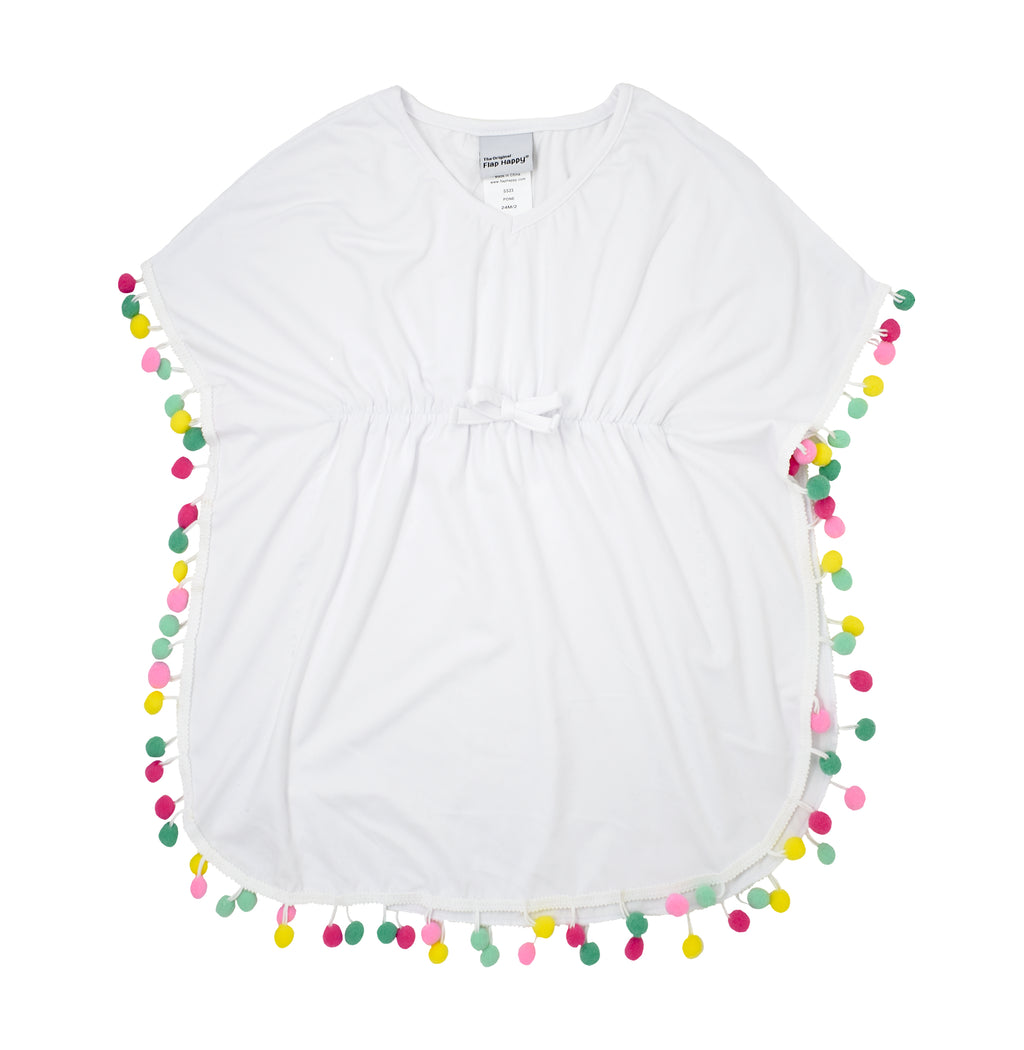 UPF 50+ Kaia Beach Swim Cover Up - White, white poncho with multicolored pom-pom trim