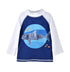 UPF 50+ Graphic Rash Guard Swim Top - Artsy Shark, white sleeve, navy body rash guard top with cartoon shark print
