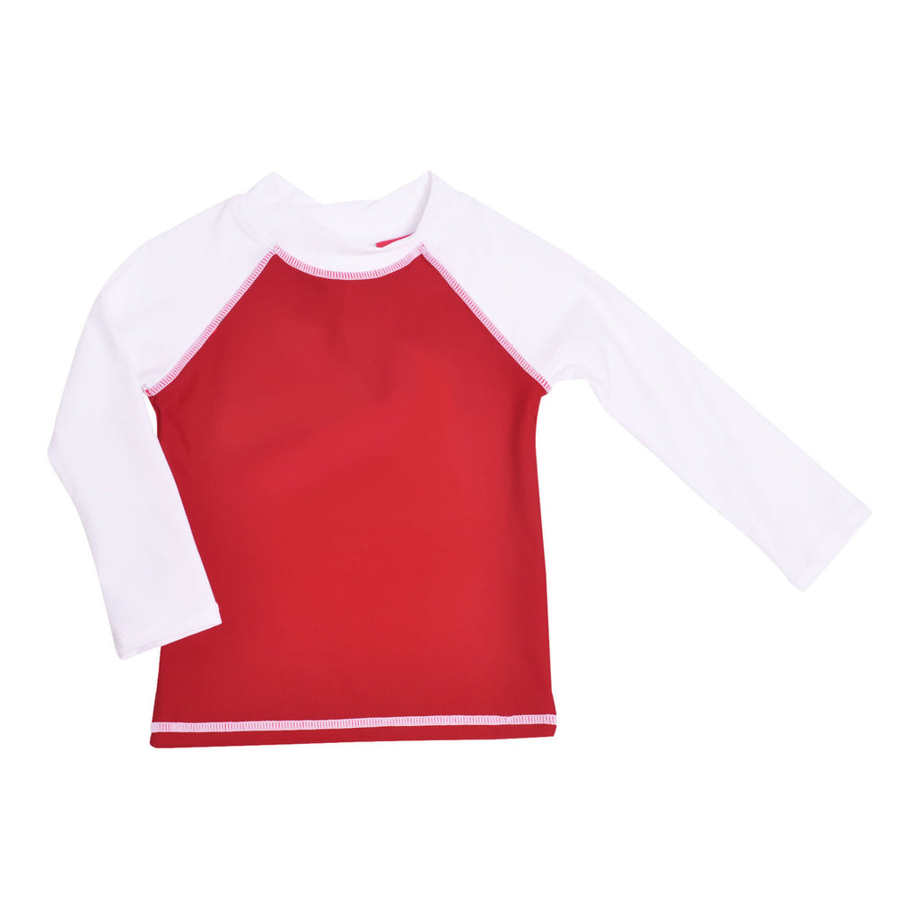 UPF 50+ Rash Guard Swim Top - Riptide, white sleeves with red body