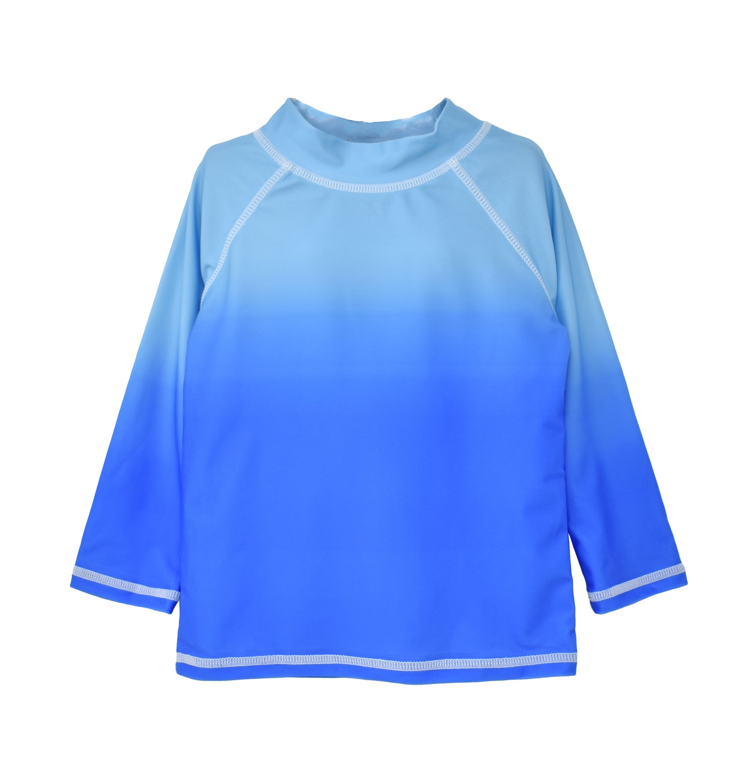 UPF 50+ Graphic Rash Guard Swim Top - Blue Ombre, a blue ombre baby blue fade to light blue rash guard top