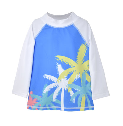 UPF 50+ Graphic Rash Guard Swim Top - Palm Paradise Blue, white sleeve with blue body rash guard top with multiple palm trees silhouettes