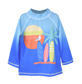 UPF 50+ Graphic Rash Guard Swim Top - Surfing Safari, blue ombre rash guard top with multiple surf boards, palm tree, seagull, and sun print
