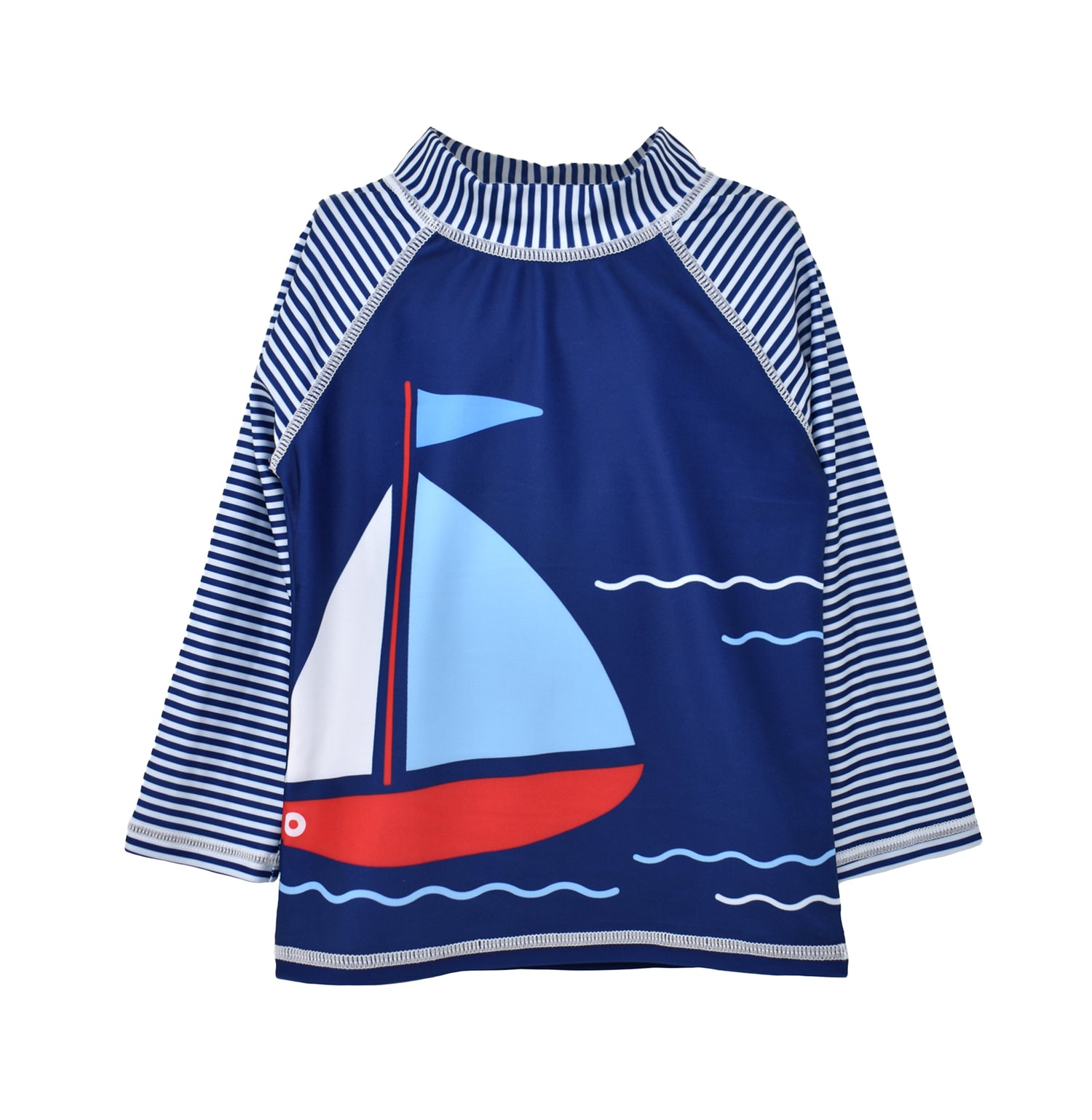 UPF 50+ Graphic Rash Guard Swim Top - Sunday Sails, navy and white stripe sleeves with navy body rash guard top with sail boat