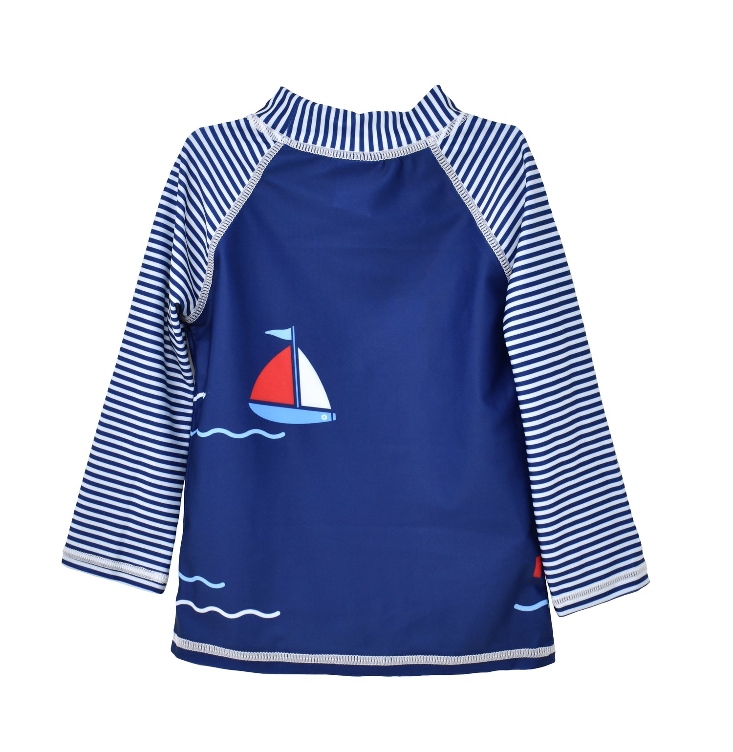 UPF 50+ Graphic Rash Guard Swim Top - Sunday Sails, backside, navy and white stripe sleeves with navy body rash guard top with sail boat
