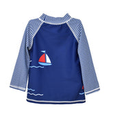 UPF 50+ Graphic Rash Guard Swim Top - Sunday Sails, backside, navy and white stripe sleeves with navy body rash guard top with sail boat
