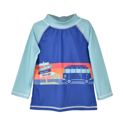 UPF 50+ Graphic Rash Guard Swim Top - Venice Stripe, seafoam colored sleeve with navy body and a blue beach mobile and directional signs