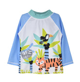 UPF 50+ Graphic Rash Guard Swim Top - Wild Jungle, light blue sleeve with white body rash guard with orange tiger, grey sloth, and black toucan and multicolored tree