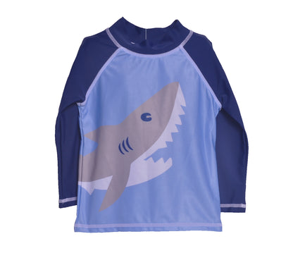 UPF 50+ Graphic Rash Guard Swim Top (Recycled) - Happy Shark, navy sleeve with light blue body and a grey shark print on right side of body wrapping around