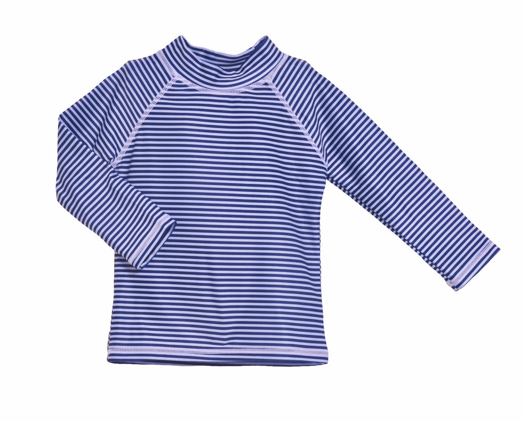 UPF 50+ Graphic Rash Guard Swim Top (Recycled) - Nave Preppy Stripe, navy and white stripes