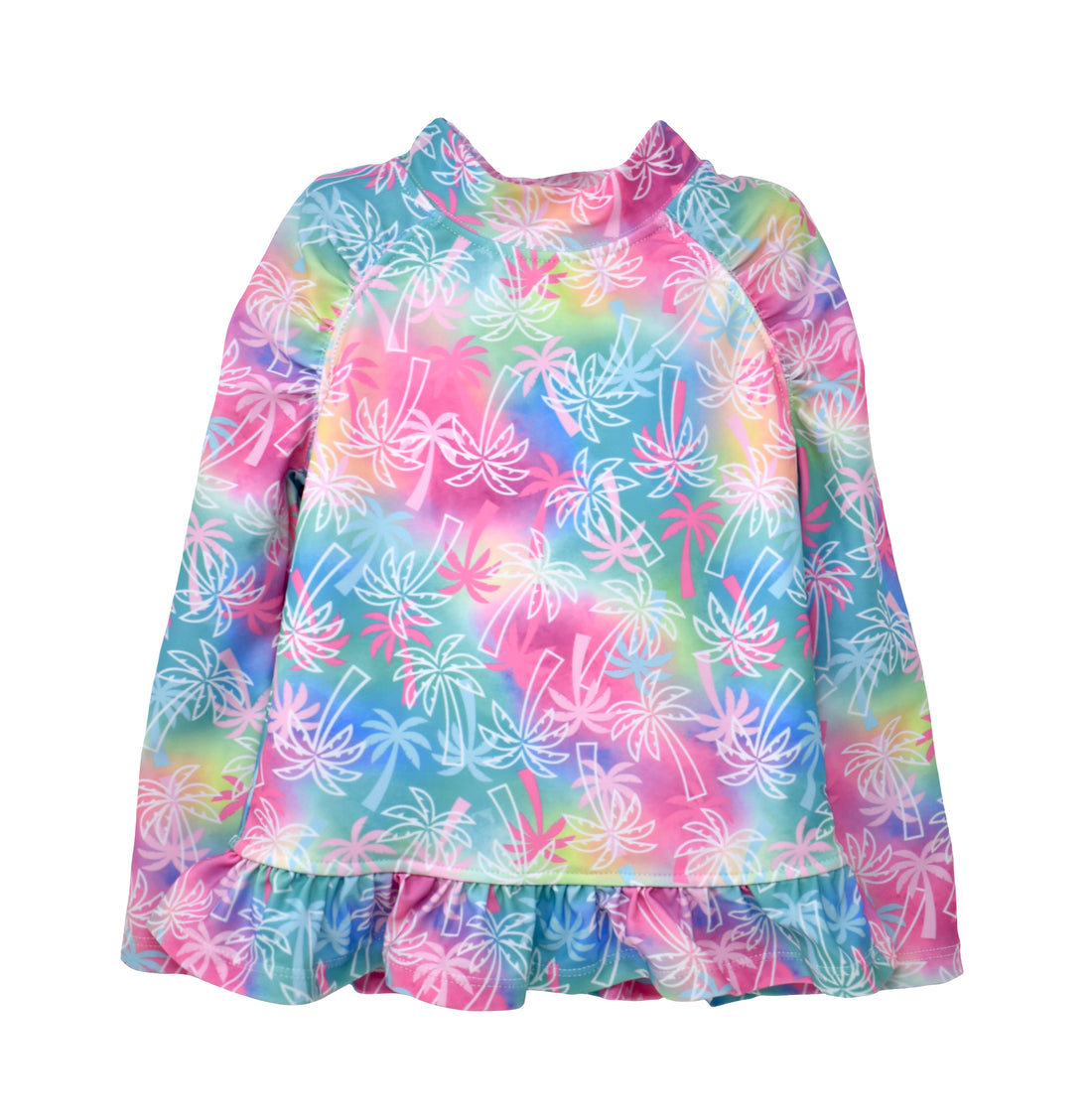 UPF 50+ Ruffle Rash Guard Swim Top - Pink Tropical Palms, multicolored long sleeve rash guard with pink and white palm trees