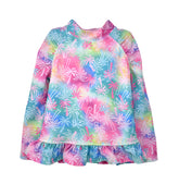 UPF 50+ Ruffle Rash Guard Swim Top - Pink Tropical Palms, multicolored long sleeve rash guard with pink and white palm trees