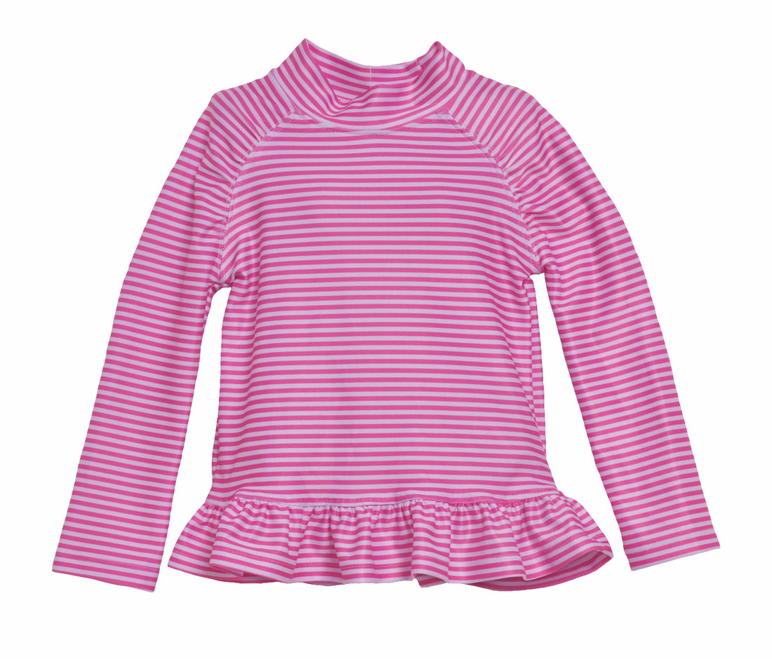 UPF 50+ Ruffle Rash Guard (Recycled) - Preppy Pink Stripe, pink and white stripes