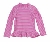 UPF 50+ Ruffle Rash Guard (Recycled) - Preppy Pink Stripe, pink and white stripes