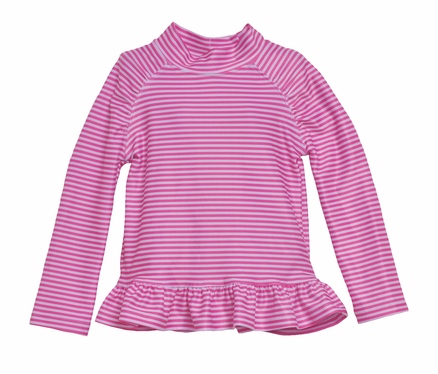 UPF 50+ Ruffle Rash Guard (Recycled) - Preppy Pink Stripe, pink and white stripes