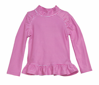 UPF 50+ Ruffle Rash Guard (Recycled) - Preppy Pink Stripe, pink and white stripes