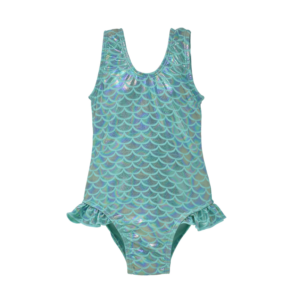UPF 50+ Delaney Hip Ruffle Swimsuit- Fairy Tale Scales, teal swimsuit with sparkly, holographic, glitter mermaid scales