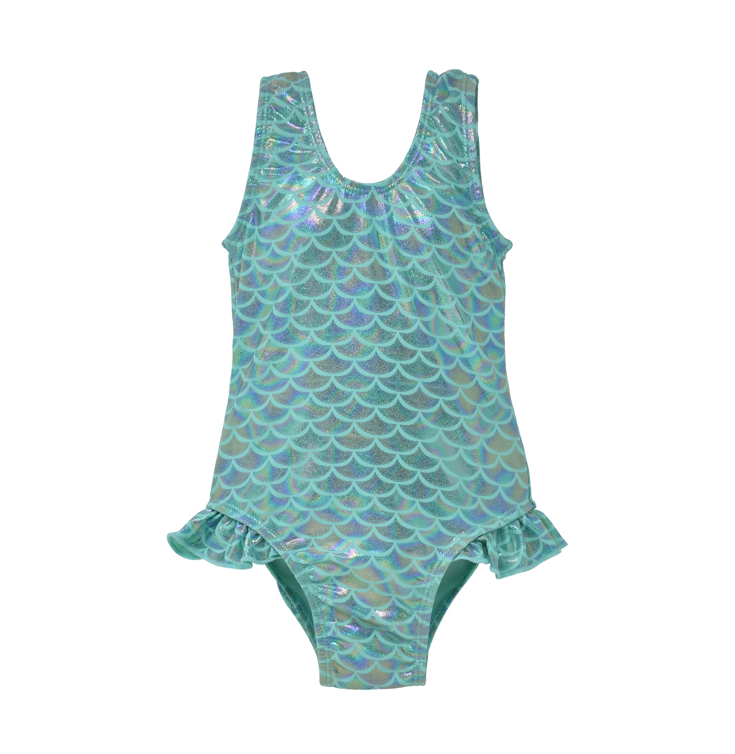 UPF 50+ Delaney Hip Ruffle Swimsuit- Fairy Tale Scales, teal swimsuit with sparkly, holographic, glitter mermaid scales