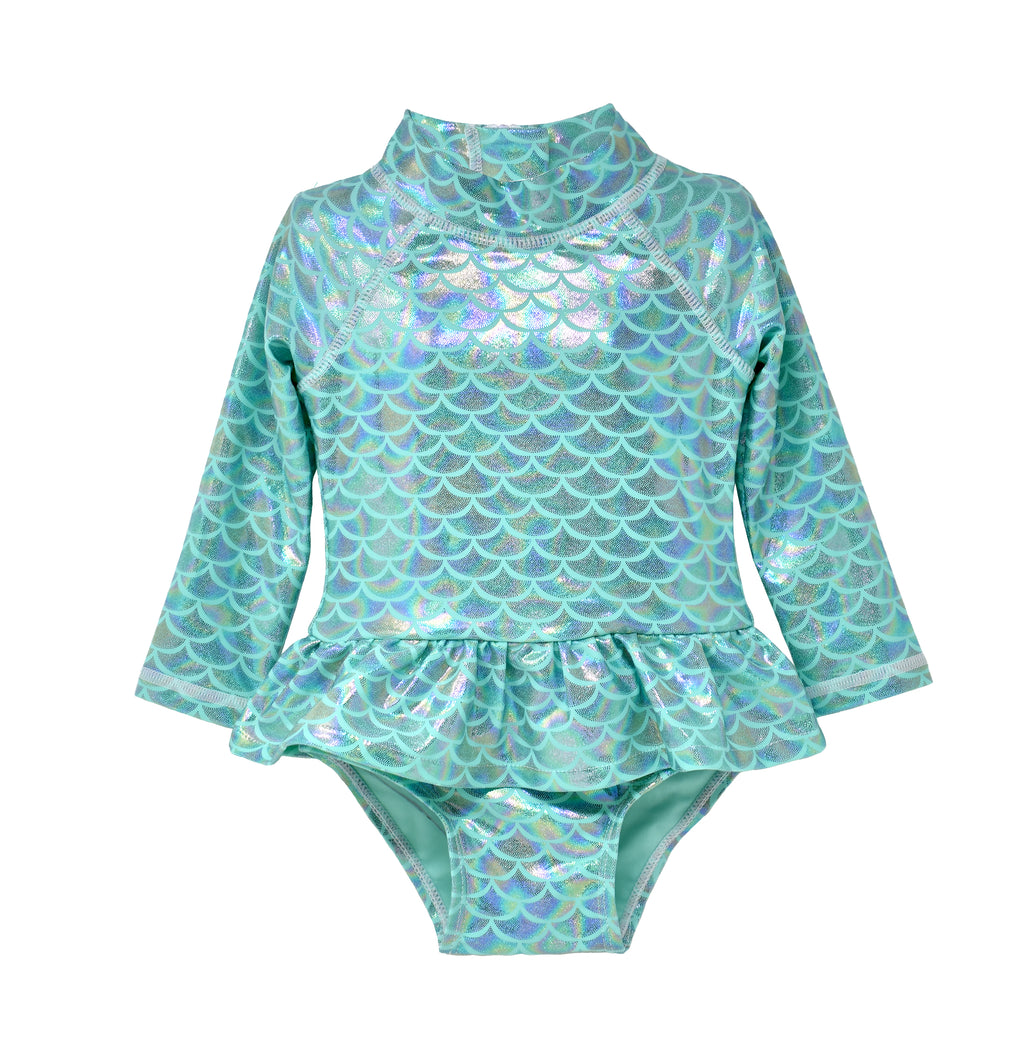 UPF 50+ Alissa Infant Ruffle Rash Guard Swimsuit - Fairy Tale Scales, teal rash guard with sparkly, holographic, glitter mermaid scales