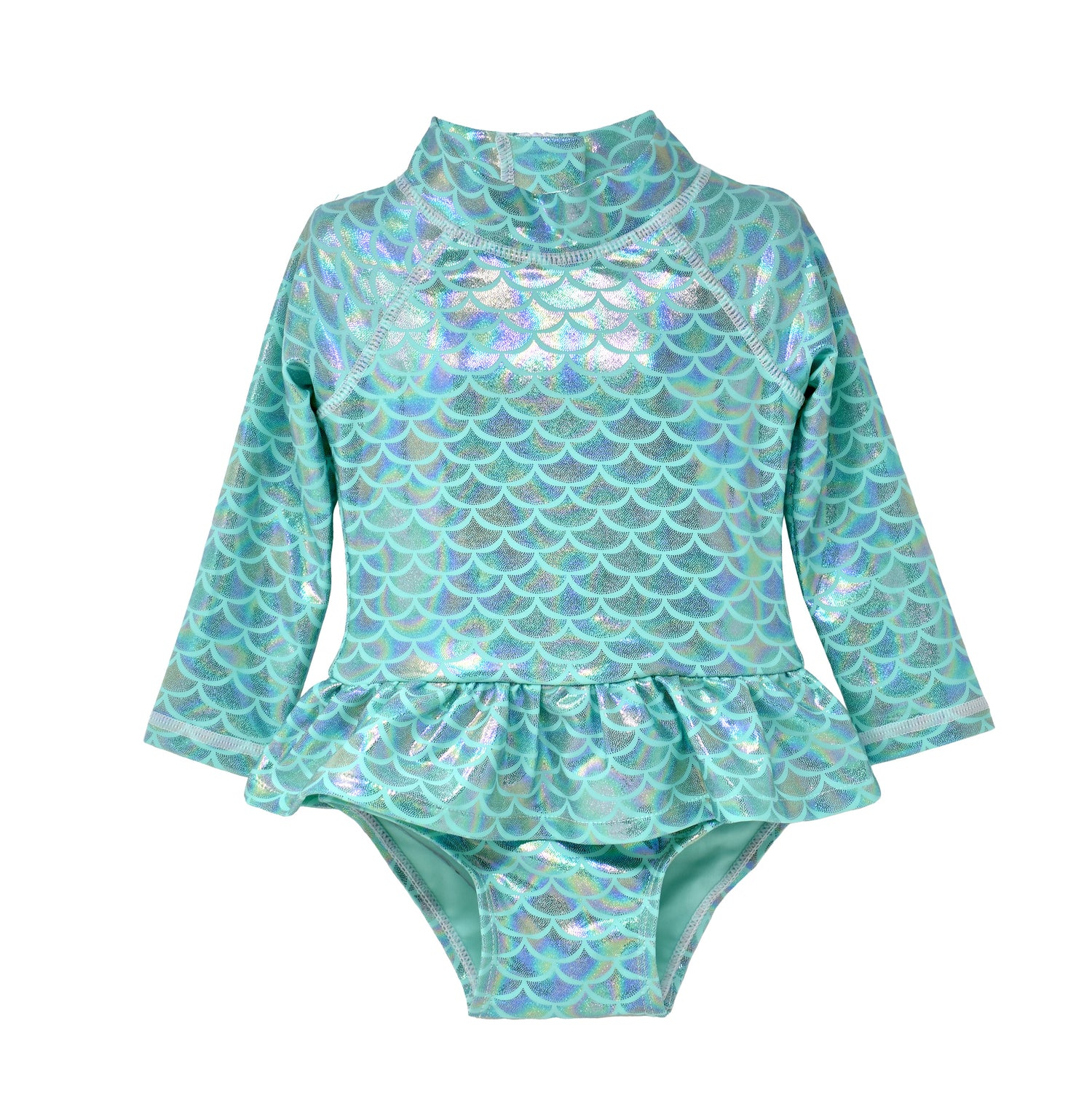 UPF 50+ Alissa Infant Ruffle Rash Guard Swimsuit - Fairy Tale Scales, teal rash guard with sparkly, holographic, glitter mermaid scales